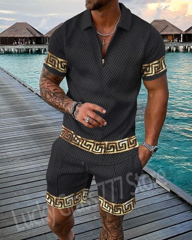 Summer Simple Retro Style Men's Zipper Collar Tracksuit Fashion Casual T-Shirt Shorts Two Piece Set Man Clothing Sweatsuit Set 5