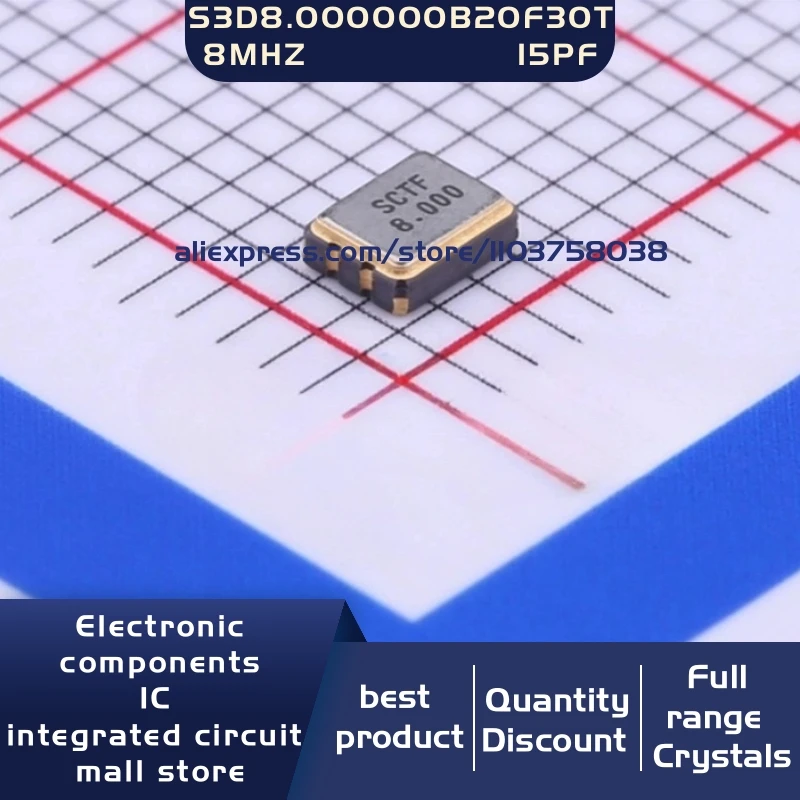 50개/묶음 S3D8.000000B20F30T 8MHZ ±20ppm 15PF 3.3V 3225 4P 크리스탈 발진기 공진기 4-SMD 재고 있음