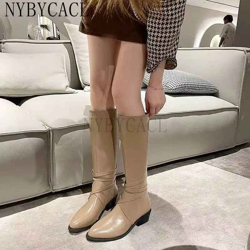 2023 Women Knee High Boots Cool Fashion Concise Genuine Leather Thick Heels Shoes Woman Autumn Winter Casual Long Boots New