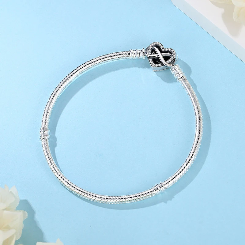 Original 925 Sterling Silver Bracelet for Women Charms Beads Rose Gold Heart Bangles Snake Chain Luxury Jewelry Gift
