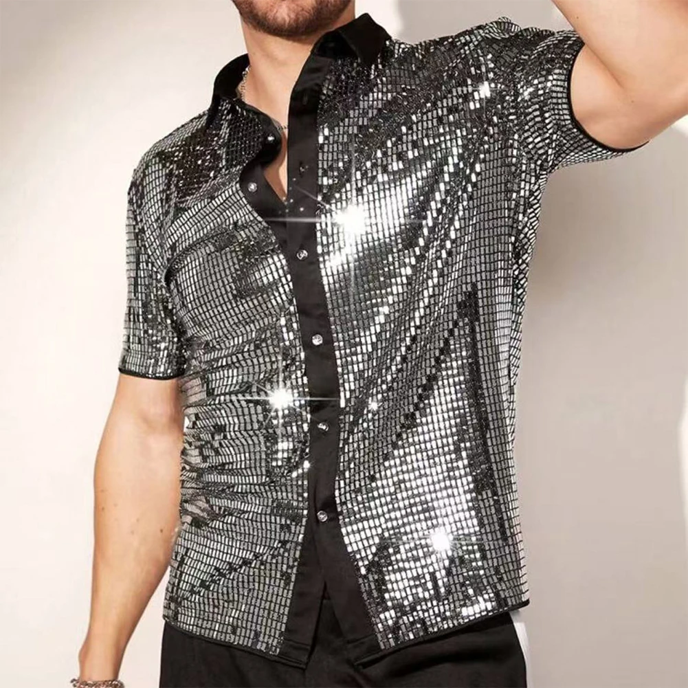 Herren Vintage 70er Disco Club Hemd Glänzende Pailletten Kurzarm Button-Down-Hemd – Detail 10
