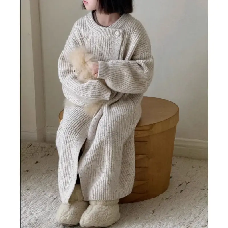 여아용 신상 롱 스웨터 2025 한국 유행 아동 니트 가을 신상 캐주얼 데일리룩 시크 디자인 중간 길이 가디건 코트