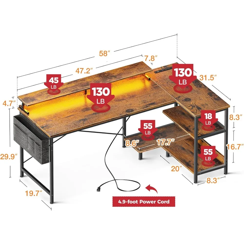 58 Inch Gaming Desk with USB Charging Ports and LED Lights, Reversible L Shaped Computer Desk with Storage Shelves & Monitor St