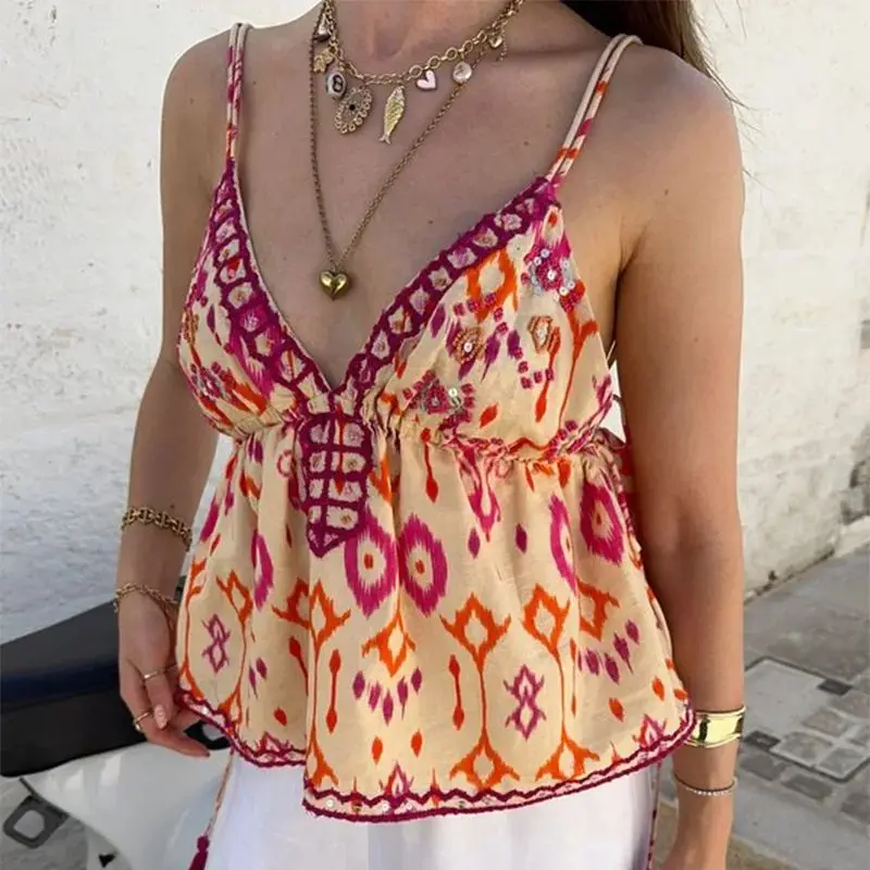 Teelynn Boho Beach Blumen druck Stickerei Camis für Frauen Tops lässig tiefen V-Ausschnitt ärmellose rücken freie Quaste Riemen Top Sommer