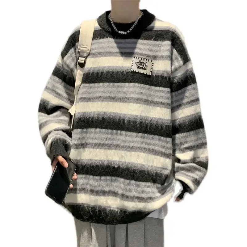 Korean sweater furry round neck men's winter striped contrast color loose versatile trendy brand sweater couple sweater y2k tops