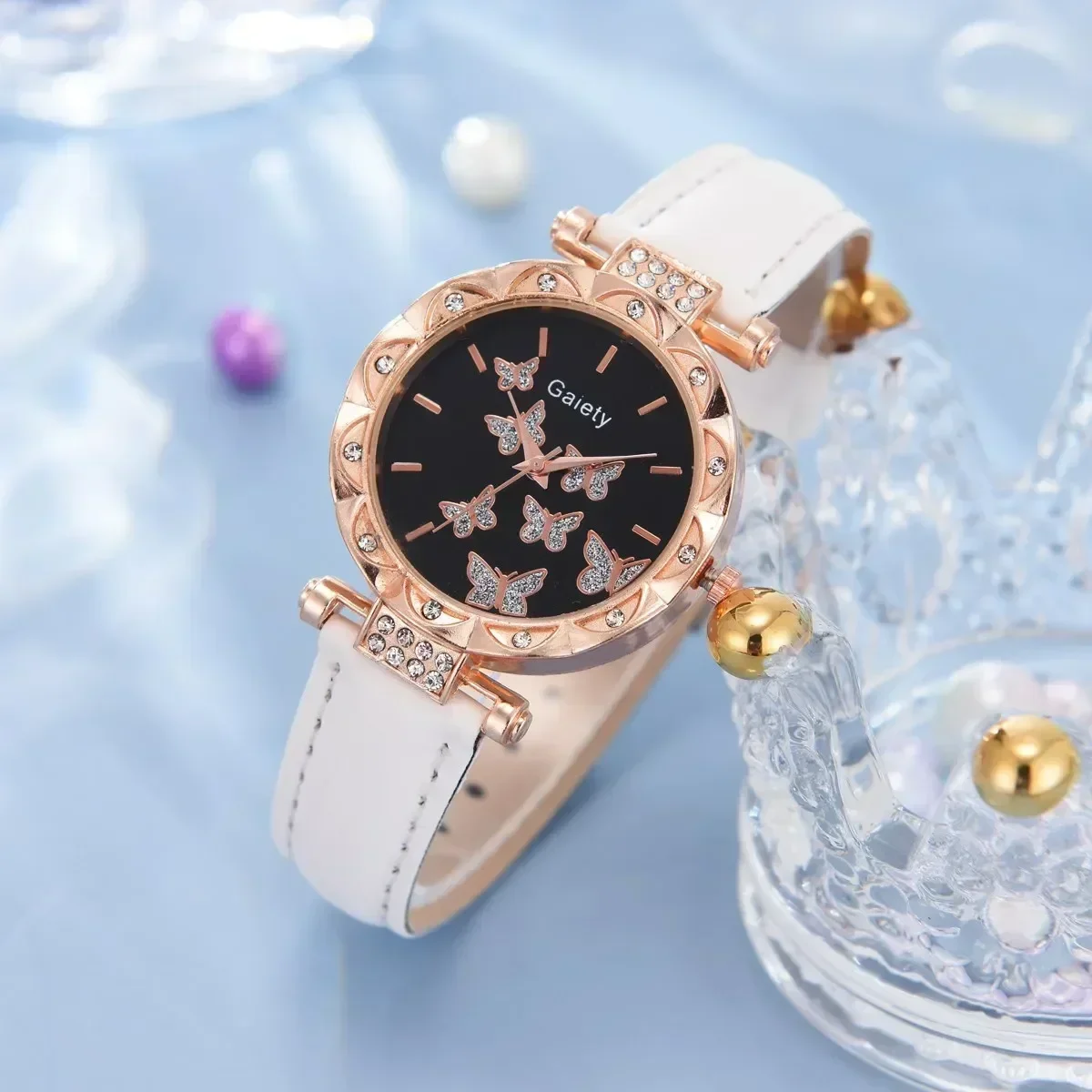6/1pcs Set Women Watch Ring Necklace Earrings Bracelet Set Watches Butterfly Leather Strap Ladies Quartz WristWatch (No Box) 4