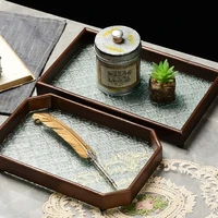 Vintage Wooden Embossed Glass Serving Tray Coffee Table Rectangle Decorative Platter Candle Holder Tray Home Decorations 2