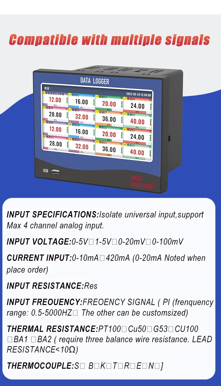 7 inch Multi-channelTouch Screen temperature humidity data logger 8/16 channel t