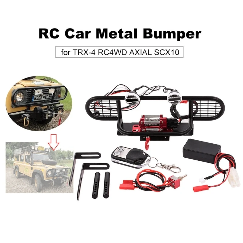 

Heavy Duty Metal Front Bumper With Winch 2 LED Light Remote for SCX10 Crawler K1KC