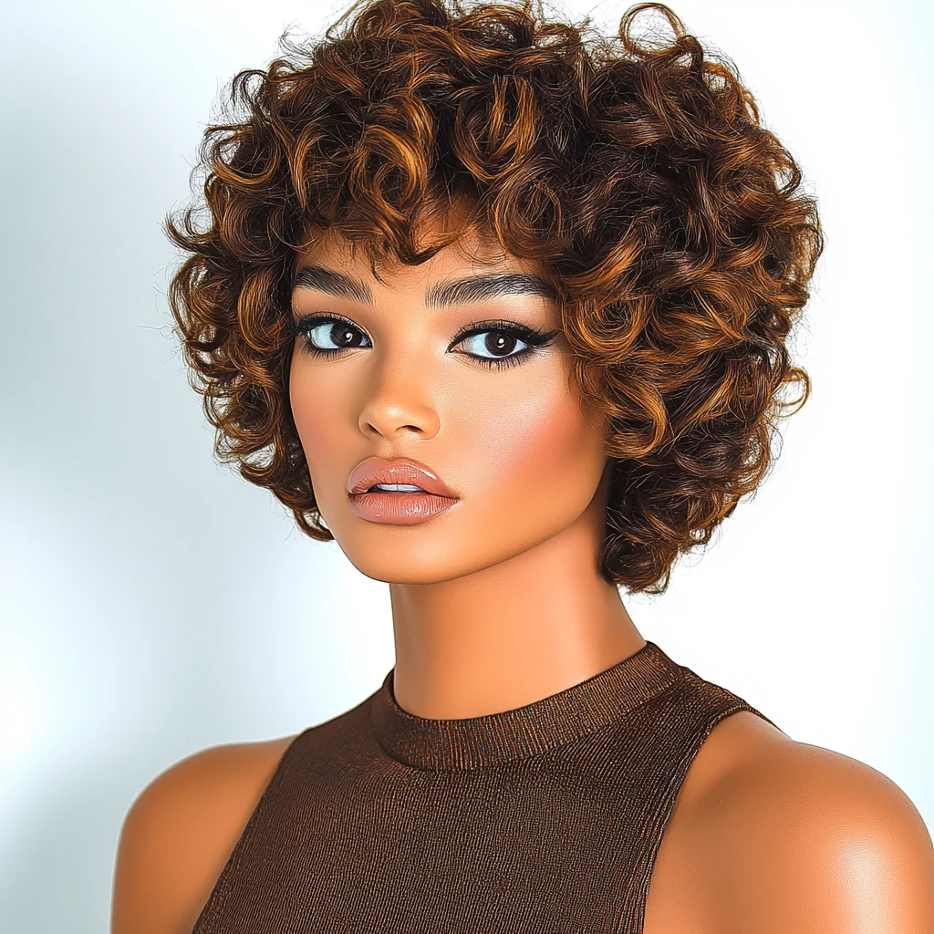 Black Peal Fluffy Pixie Cut Short Curly Human Hair Wigs with Bangs Machine Made Real Hair Wigs Pixie Cut Wig Human