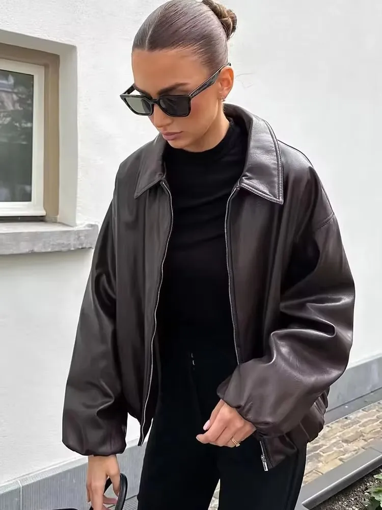 HH Women Fashion Elegant Faux Leather Jacket Vintage Solid Long Sleeve Zipper Bomber Jackets Autumn High Street Lady Chic Coat