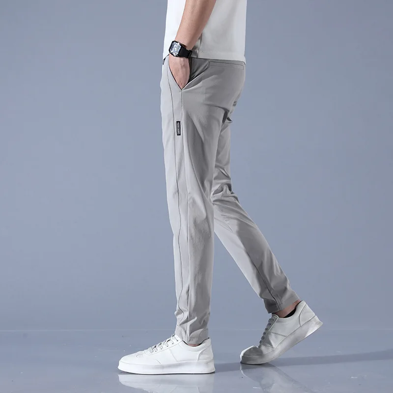 Men\'s Ice Silk Trousers Solid Color Mid-Waist Loose Breathable Straight-Leg Casual Pants Thin Quick-Drying Sports Pants