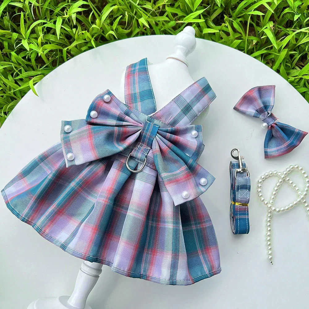 Pet Harness Leash Set Cute Plaid Dog Dress Cat Dog Holiday Party Costume Summer Girl Pet Clothes Bowknot Puppy Princess Dresses pet harness leash set pet harness set