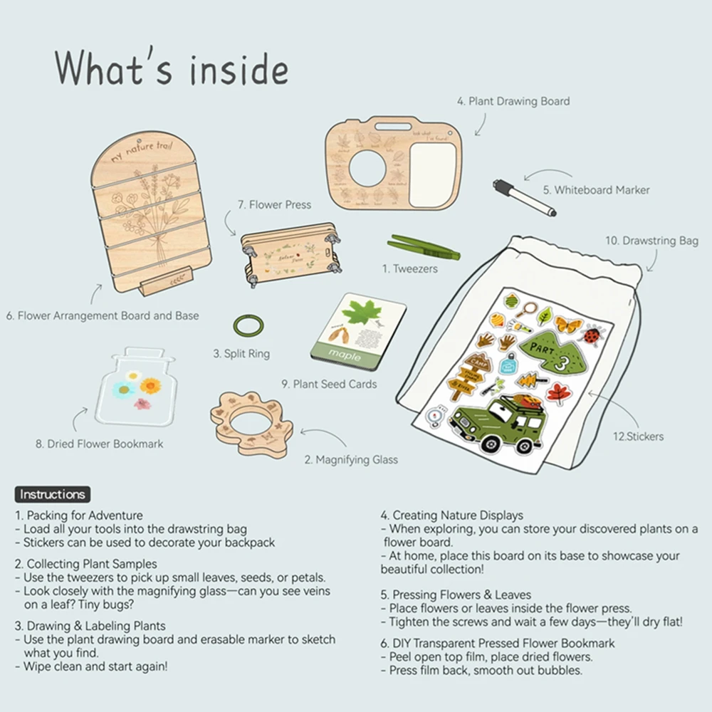 Kinder Outdoor Exploration Spielzeug Set Lupe Holz Aufnahme Board Pflanze & Insekten Biologie Karten Lernspielzeug Baby Geschenk – Detail 13