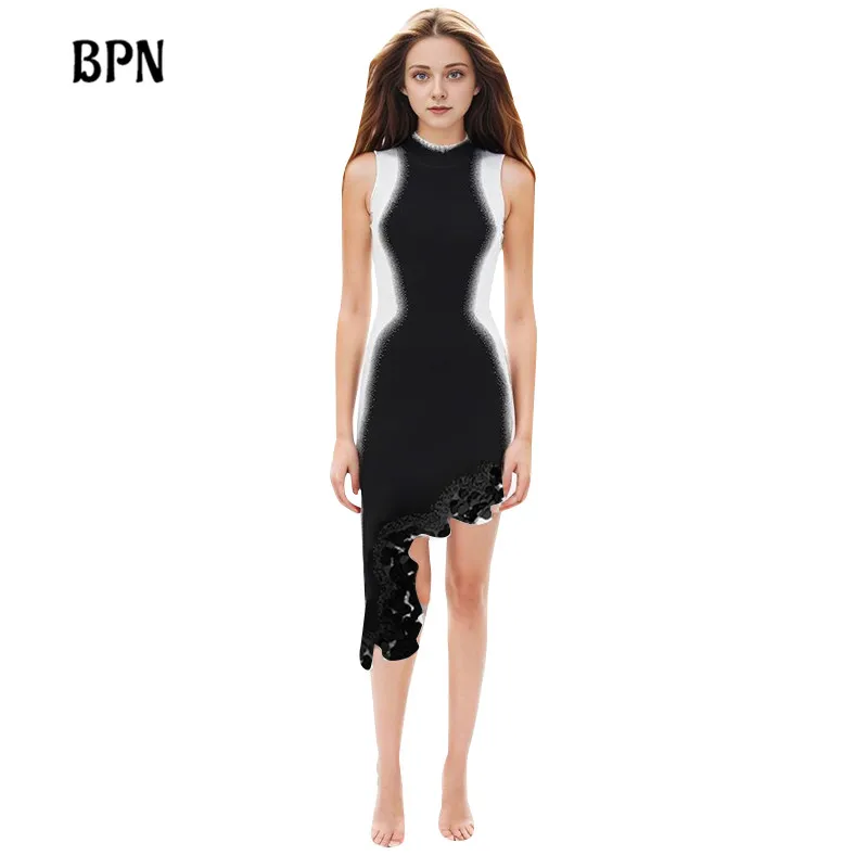 

BPN Streetwear Hit Color Dresses For Women Round Neck Sleeveless High Waist Asymmetrical Slimming Party Dress Female Fashion New