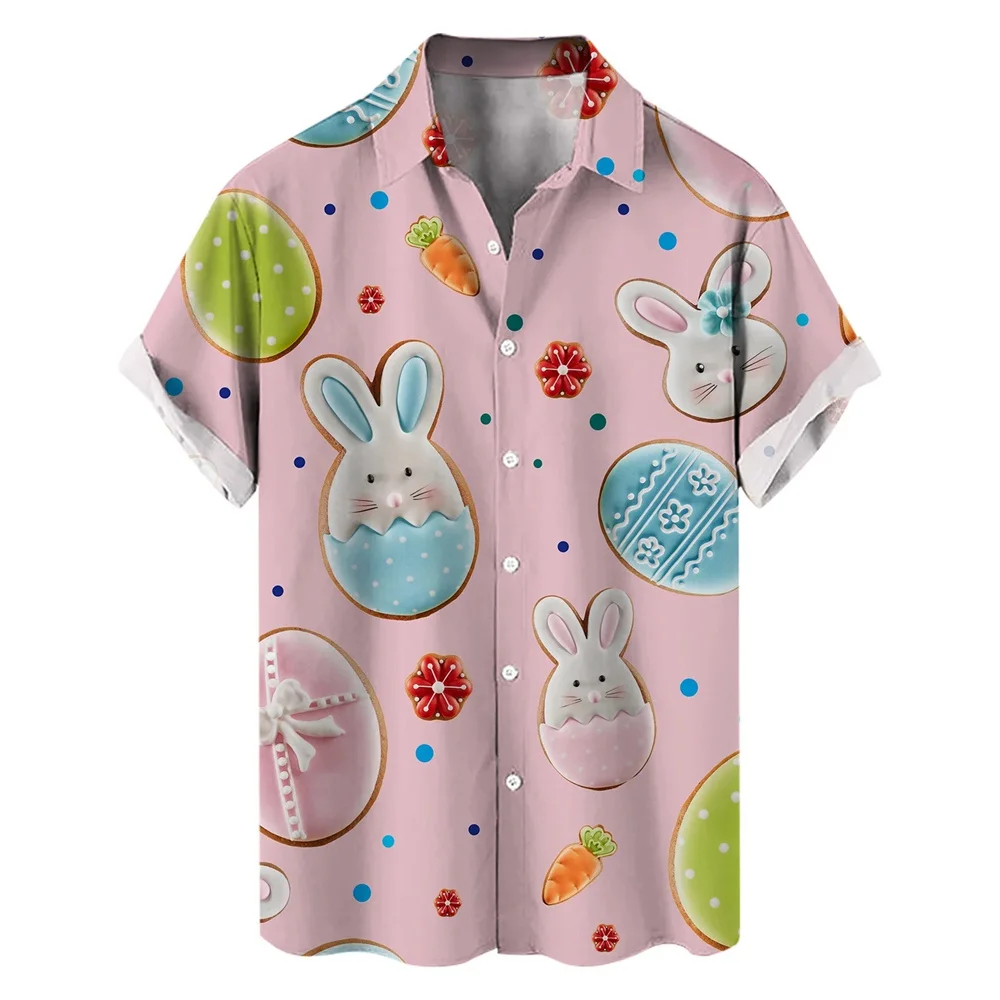 thumbnail image 1 of Camisas hawaianas con estampado 3D de conejos y huevos de Pascua para hombre, ropa de playa para mujer, camisetas kawaii para niños, blusas con botones, 1 of 5