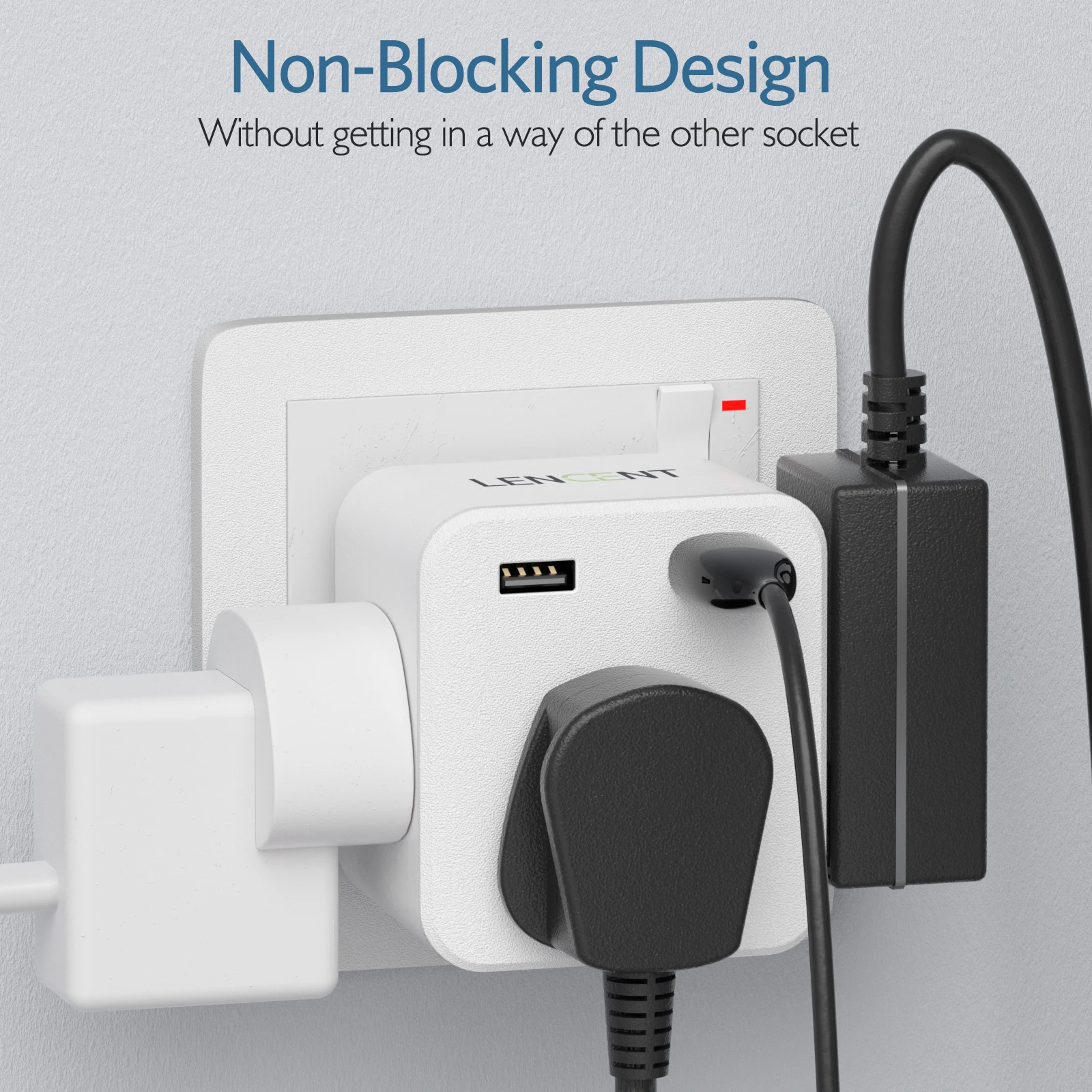 LENCENT UK Plug Power Strip 3 AC Outlets 2 USB Ports for Home Office