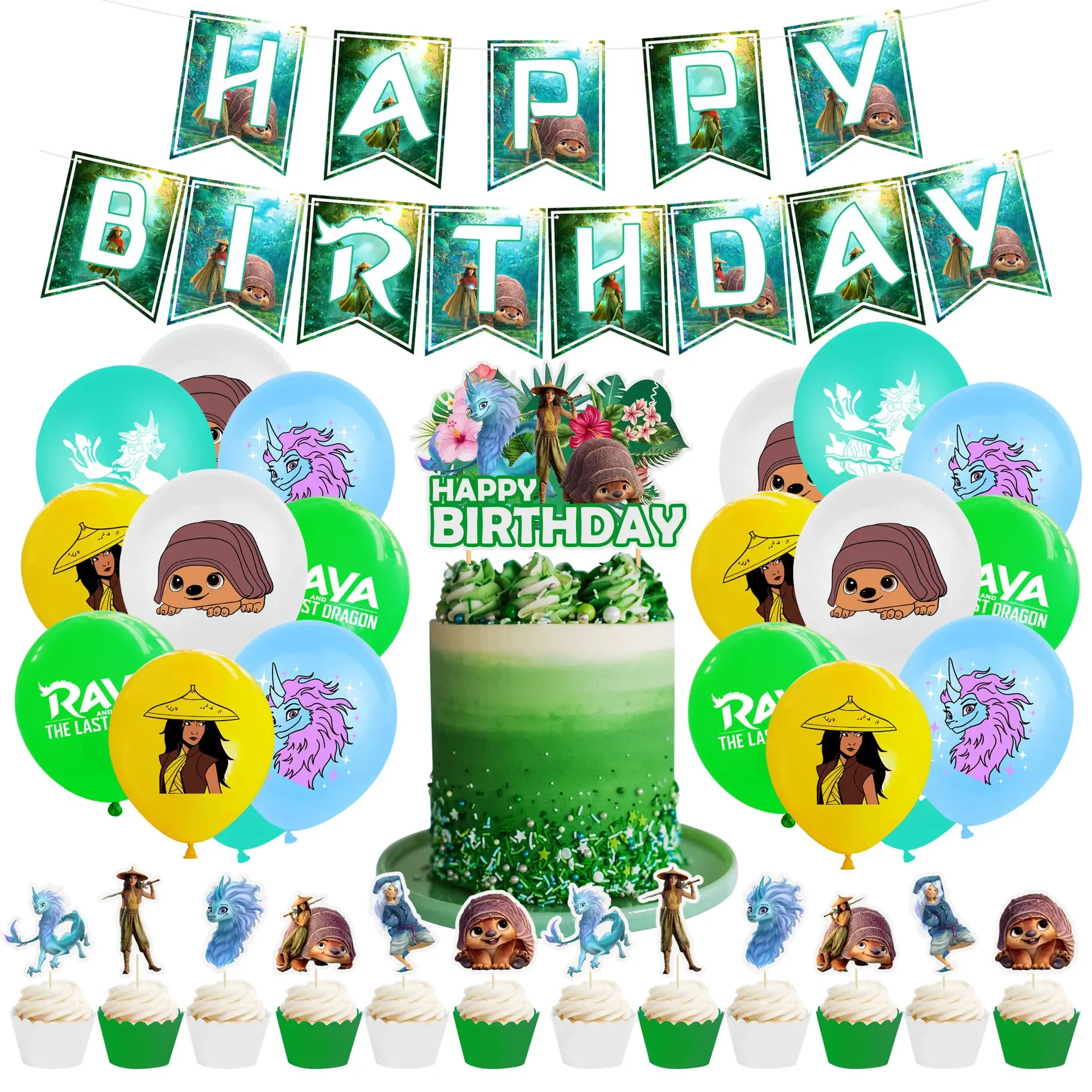 Raya Theme Birthday Latex Balloons Banner Cake Topper Happy Birthday Shower Birthday Party Decor Hanging Bunting Kids Favors