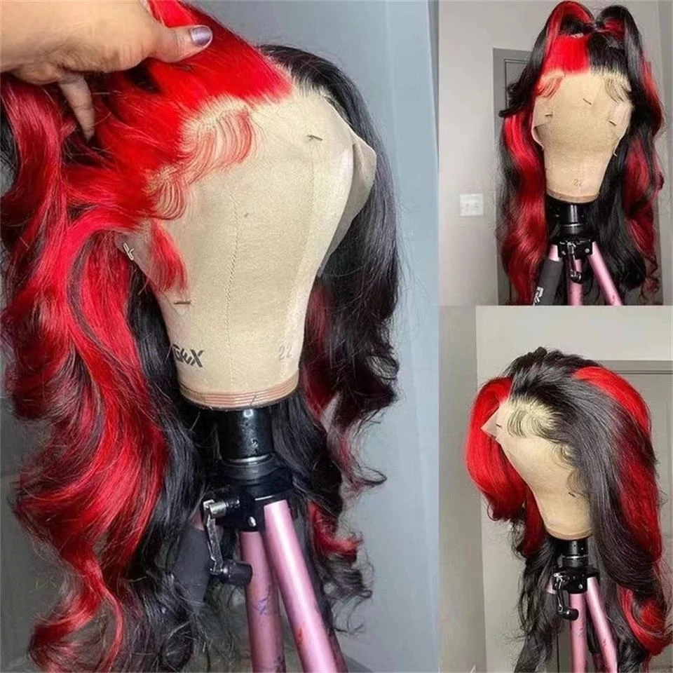 Highlight Red With Black 13X6 Lace Front Wig Human Hair Ombre Colored Vietnamses Body Wave Lace Frontal Closure Wigs Pre Plucked 3