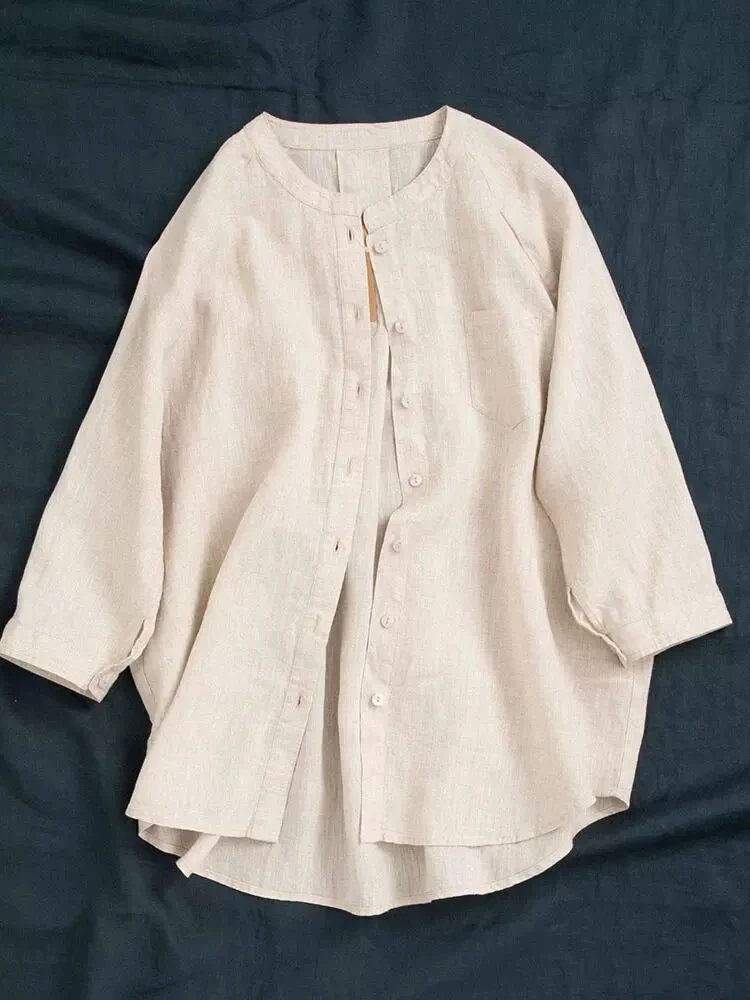 

Женская рубашка/блузка из натуральной ткани, универсальная свободная тонкая льняная блузка 17*21 с промытой водой, обхват груди 112 см, весна-лето
