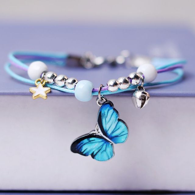 Blue Purple Butterfly Charms Bracelet Rope Braided with Bell Adjustable Bracelet Women Friendship Bracelet Jewelry Gifts