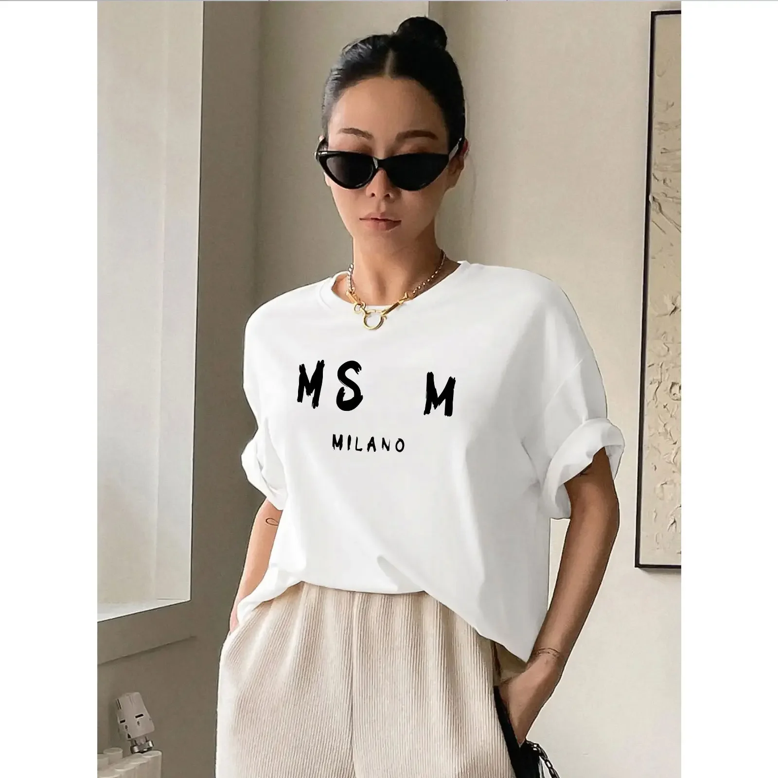 

2024 Летняя женская футболка, хлопковая футболка, повседневная женская футболка в стиле Харадзюку с круглым вырезом, брендовая модная футболка с коротким рукавом в стиле Харадзюку