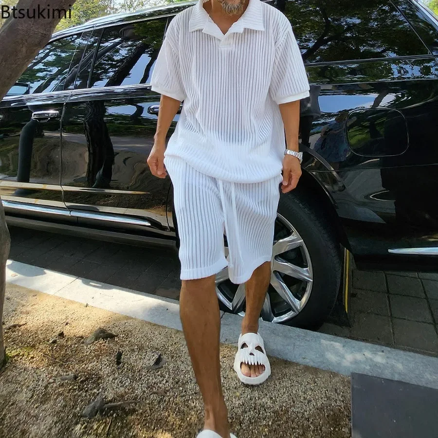 

2024 Men's Summer Knitted Short Sleeve Tops And Shorts Sets Male Two Piece Set Streetwear Casual Men Vintage Suits Sets Outfits