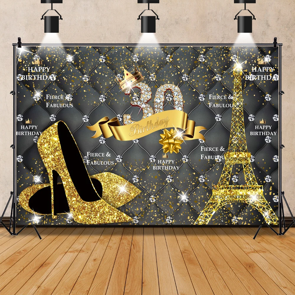 Photo Backdrop Happy Women's Birthday Party High Heels Gold Balloons Rose Flowers Decor Photographic Background photo backdrop