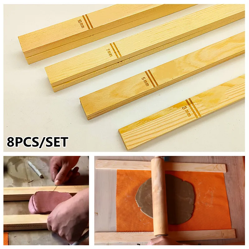 8PCS/SET Mud Roller Mud Guide Wooden Strip Mud Plate Forming Supplies Ceramic Craft Polymer Clay Pottery Modeling Tools