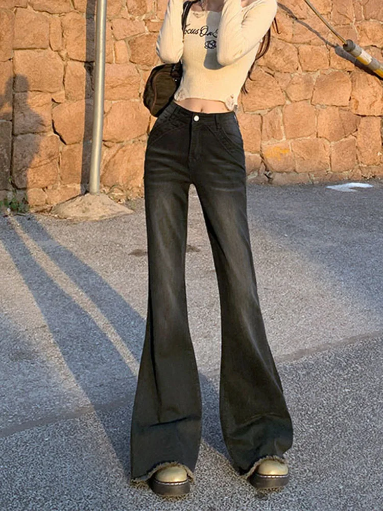 

Autumn and Winter Spicy Girl Ragged Edge Women's Flare Jeans Loose denim Pants Bottom Straight Barrel High Waist Elastic City Wo
