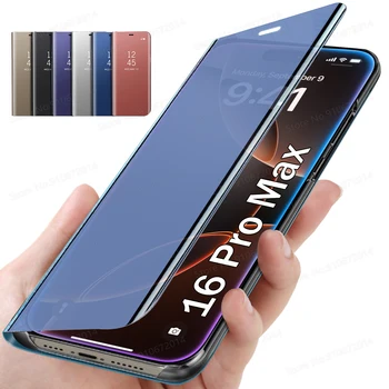 Full Protection Mirror Flip Bracket Phone Case for iPhone 17, 17 Pro Max, 16, 16E, 15, 14 Plus, 13, 12, 11, 7, 8 – Shockproof Back Cover with Stand, Clear View Flip Design & Scratch-Resistant Mirror Finish