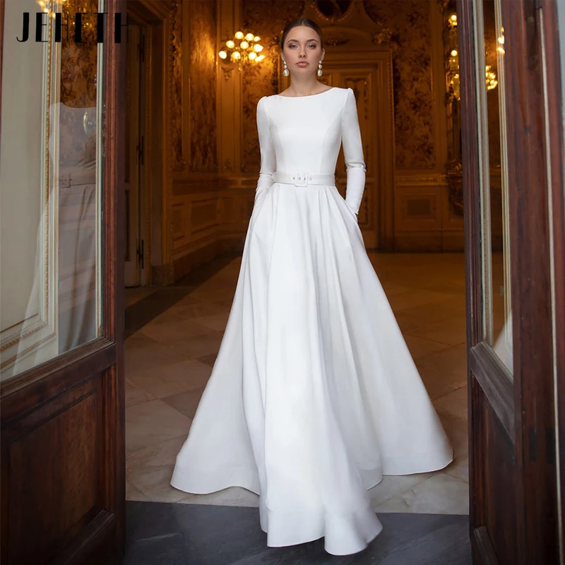 

JEHETH 2023 Illusion Back Lace Wedding Dresses Long Sleeves O-Neck Bridal Gowns Elegant A-Line Belt vestidos de noiva For Brides