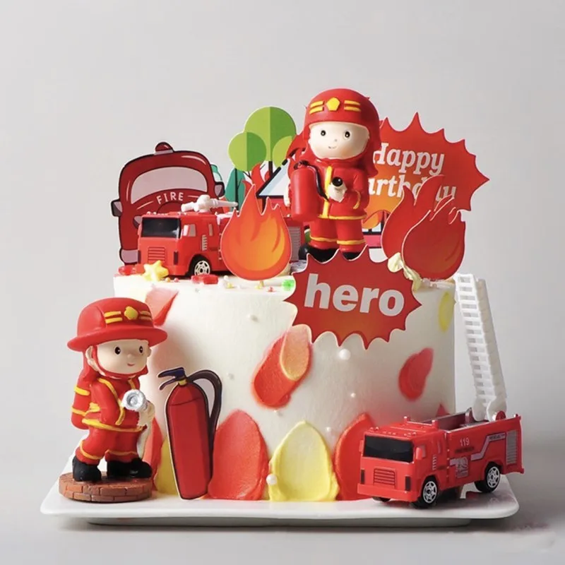 11 Cake Topper Pompieri Per Torta E Cupcake - Decorazioni Tema Fuoco Con Camion, Fiamme E Caschi