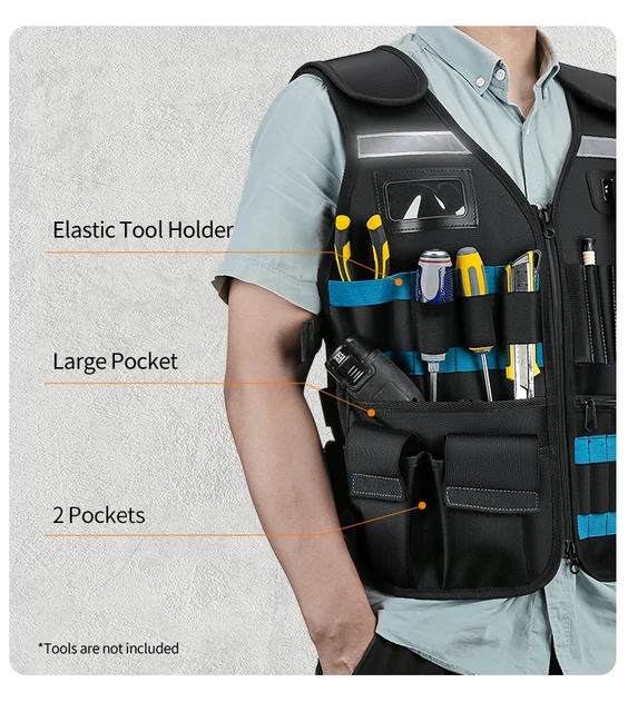 23-Pocket Electrician/Construction Tool Vest - Reflective, Adjustable, With Breathable Mesh Back