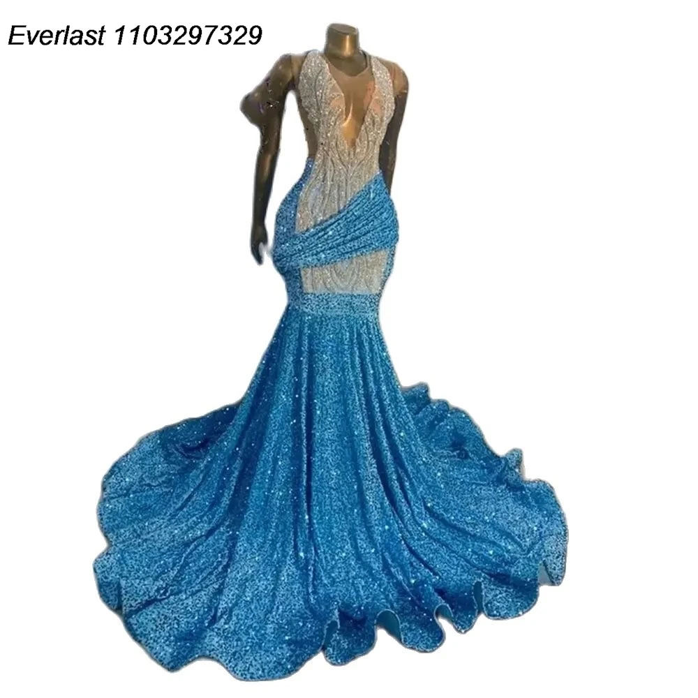 

EVLAST Blue V Neck Long Mermaid Prom Dress For Black Girls 2024 Beaded Crystal Sequins Birthday Party Gown Robe De Soiree TPD02