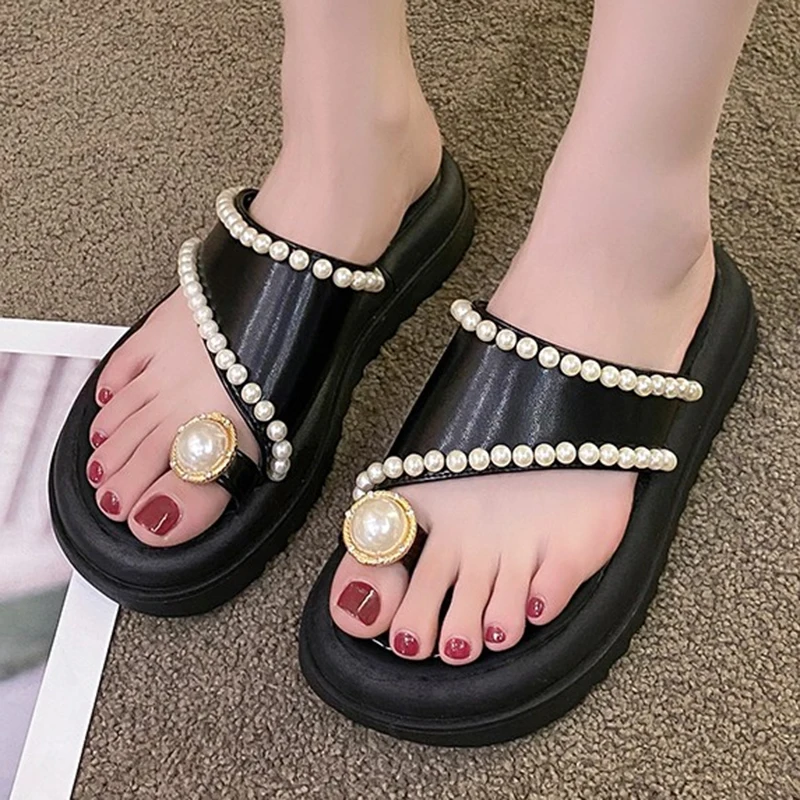 

Women Summer Slippers Platform Sandals Outside Vacation Beach Non-Slip Slides Flip Flop Pearl Decoration Casual Shoe For Female