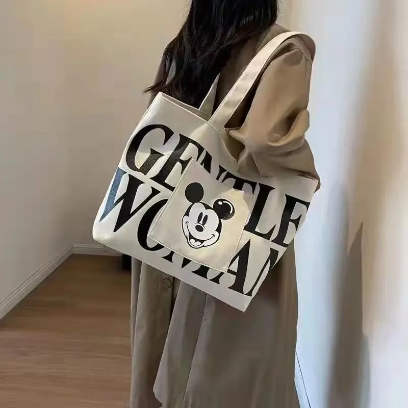 Disney Large Capacity Tote Bag for Women Kawaii Mickey Mouse Letter Canvas Shoulder Bag Girls Cartoon Minnie Mouse Handbags