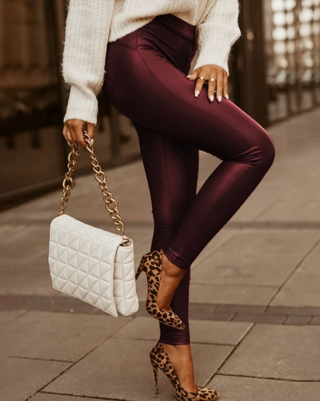

Women's Pants 2023 Spring Fashion High Waist Pu Leather Skinny Plain Casual Daily Long Pants Y2K Streetwear Woman Clothes