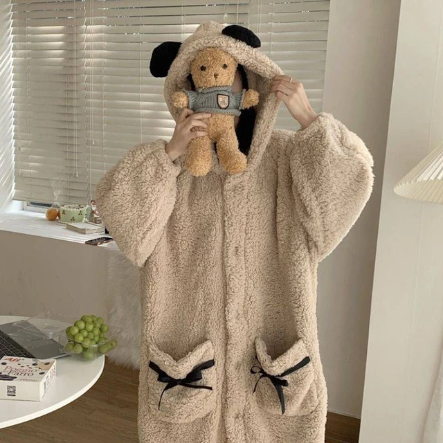 Silver Lilly Women's Sherpa Bathrobe with Bear Ears - Plush Soft Animal Robe  by FUNZIEZ! (Brown, Small/Medium) at Amazon Women's Clothing store