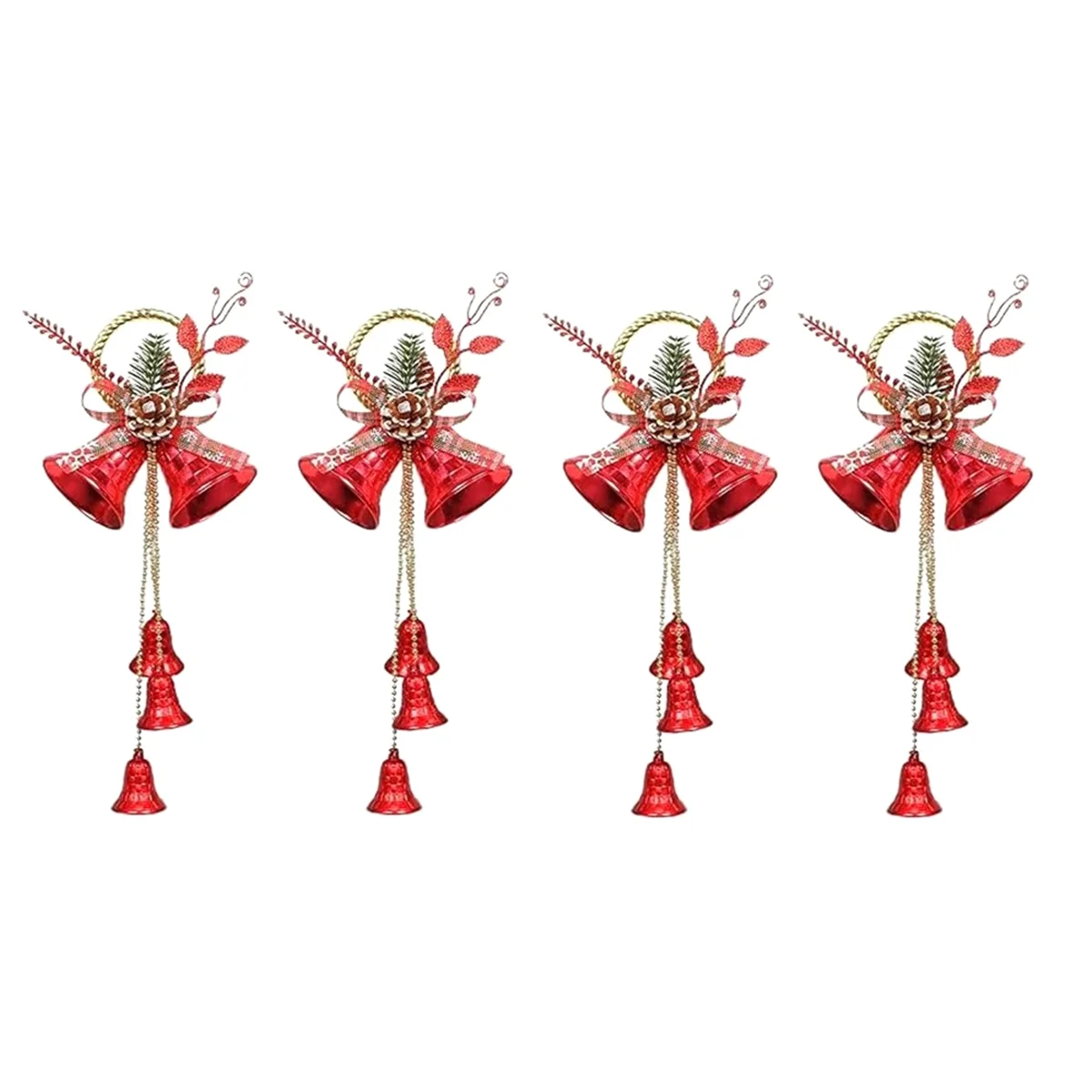 

4Pcs Christma Jingle Bells Door Hanger Ornaments Red Christmas Tree Decorations with 5 Bells and Pinecone