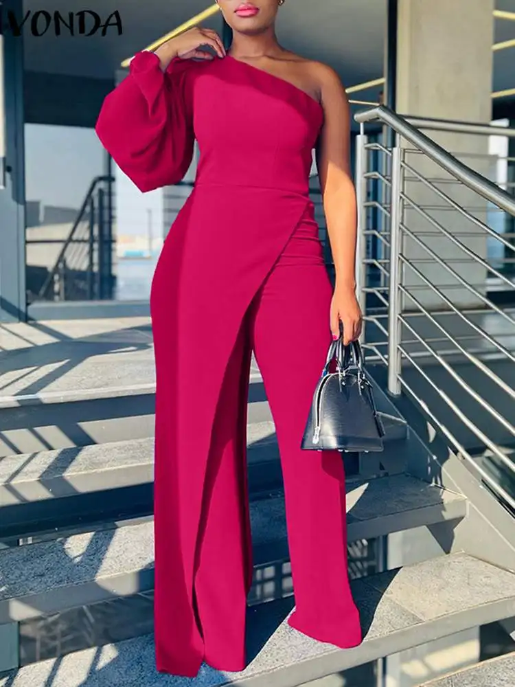 VONDA Women Sexy Off Shoulder Jumpsuit 2024 Elegant Long Sleeve Party Rompers Irregular Hem Solid Casual Loose Party Playsuits