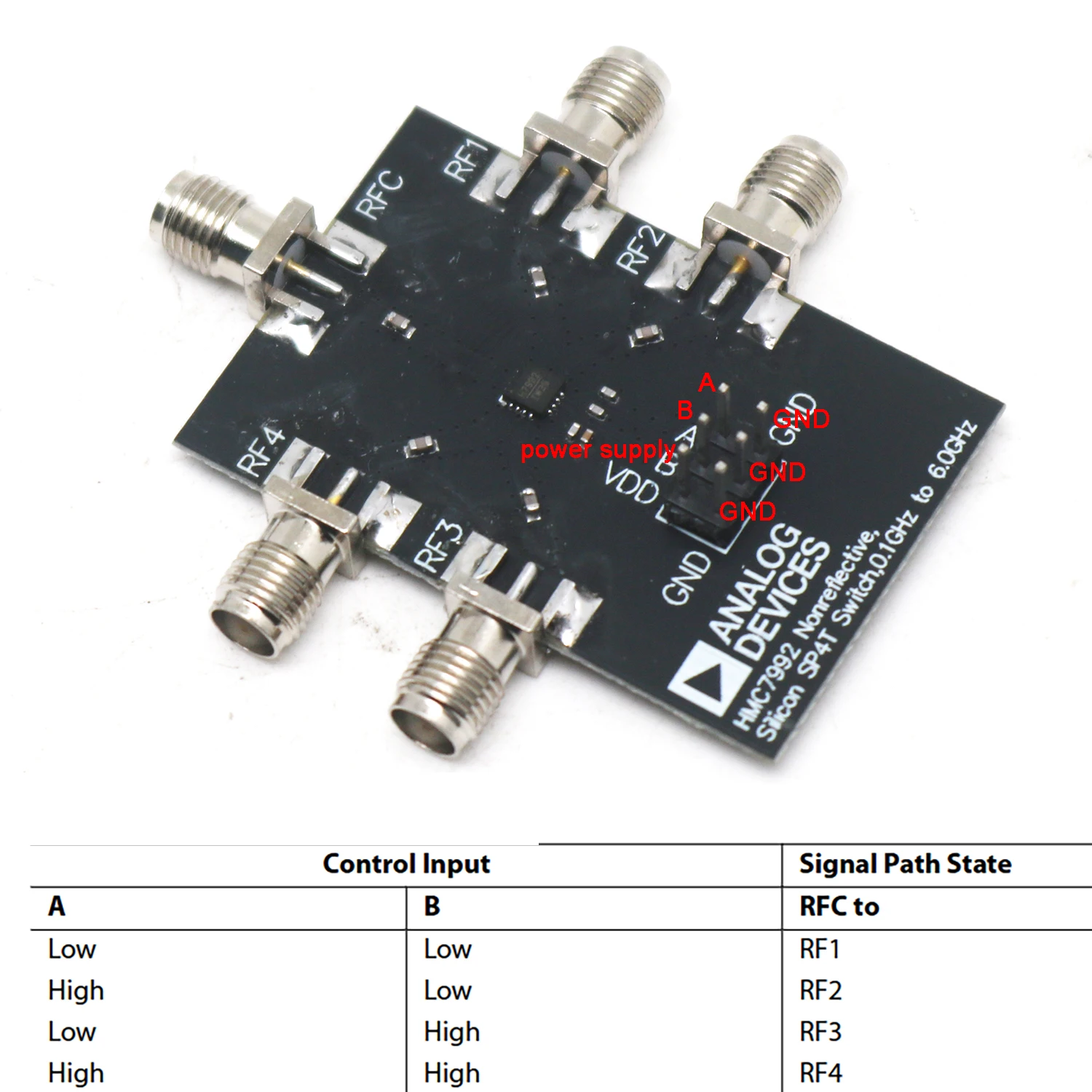 Détail des broches du module interrupteur RF SP4T HMC7992 0.1-6GHz SMA 50Ω pour RC, boîtier métallique.