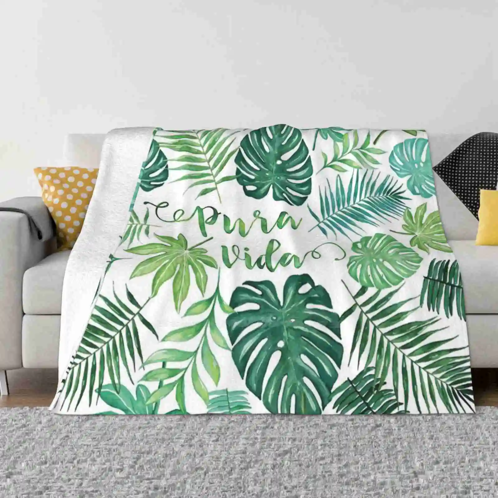 

Tropical Pura Vida Palm Leaves And Monstera Watercolor Best Selling Room Household Flannel Blanket Watercolor Tropical Green
