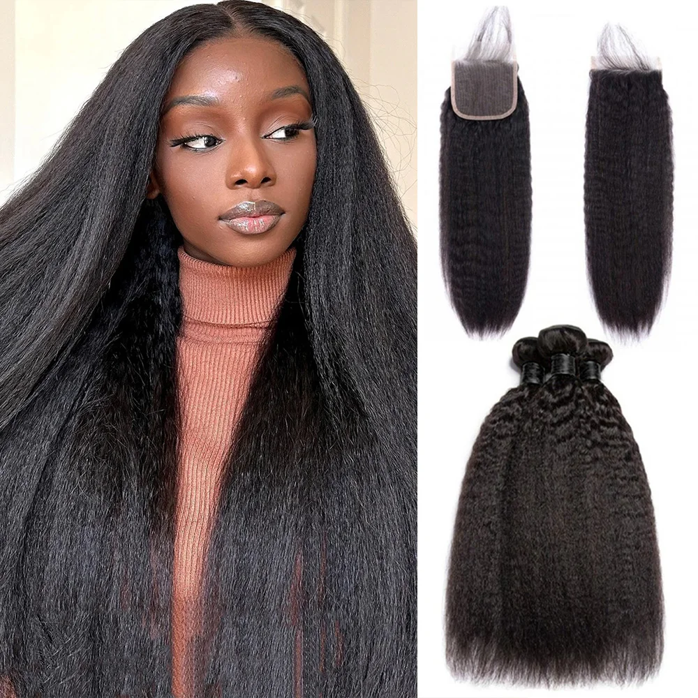 

3/4 10A Brazilian Remy Kinky Straight Human Hair Bundles With Closure HD Transparent 5x5 Lace Closure and Weave Extension Soft