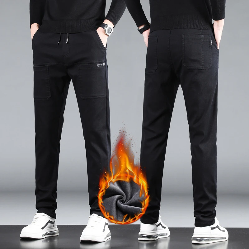 CUMUKKIYP Winter Warmth: Thickened and Fleece-lined Men's Denim Pants