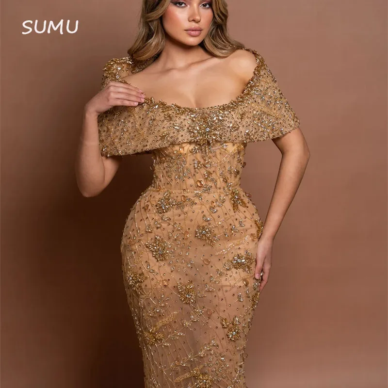 فستان سهرة مخصص بسيط قبالة الكتف كريستال دقيق رائع...