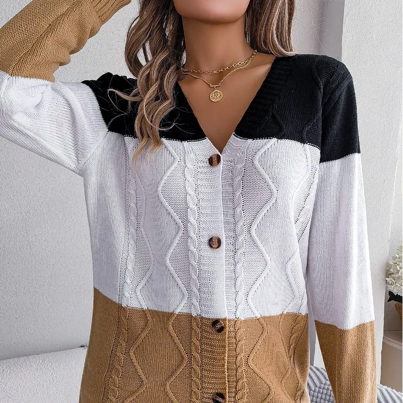 

Autumn and Winter Women's Pullover Contrast Button Long Sleeve Sweater Knitted Cardigan Coat Fashion Office Lady Casual Tops