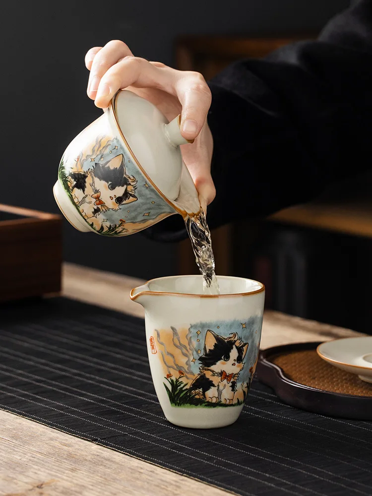 High-quality Retro Ru Kiln Cute Cat Tea Tureen Ceramic Sancai Cover Bowl Tea Maker Gaiwan Can Raise Kung Fu Teaware