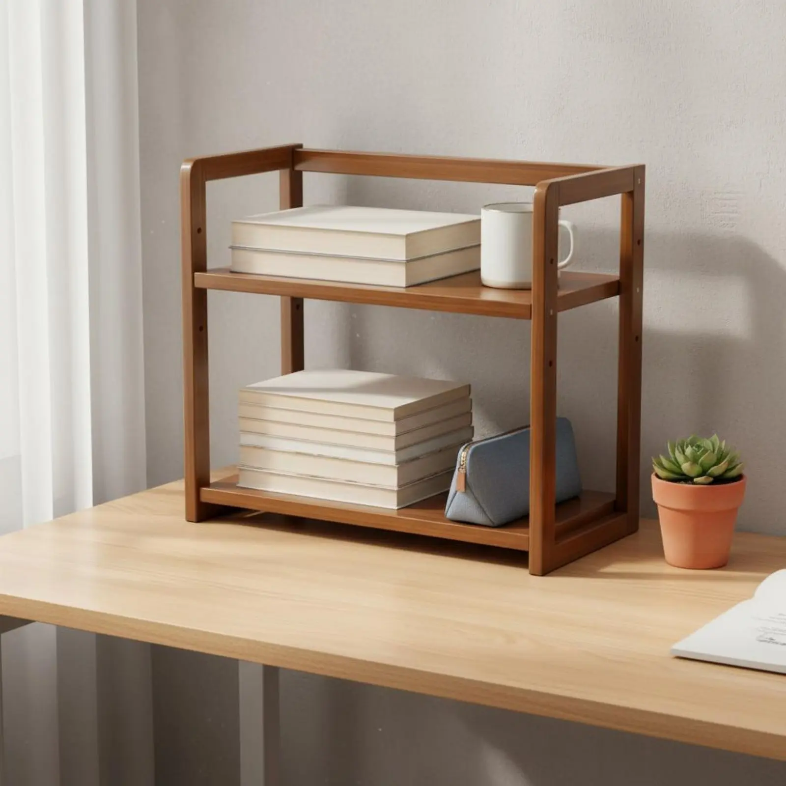 다층형 수납 선반 공간 절약형 2단 책상 선반 2단 나무 정리대 손쉬운 접근이 가능한 나무 머그컵 걸이 견고한 구조