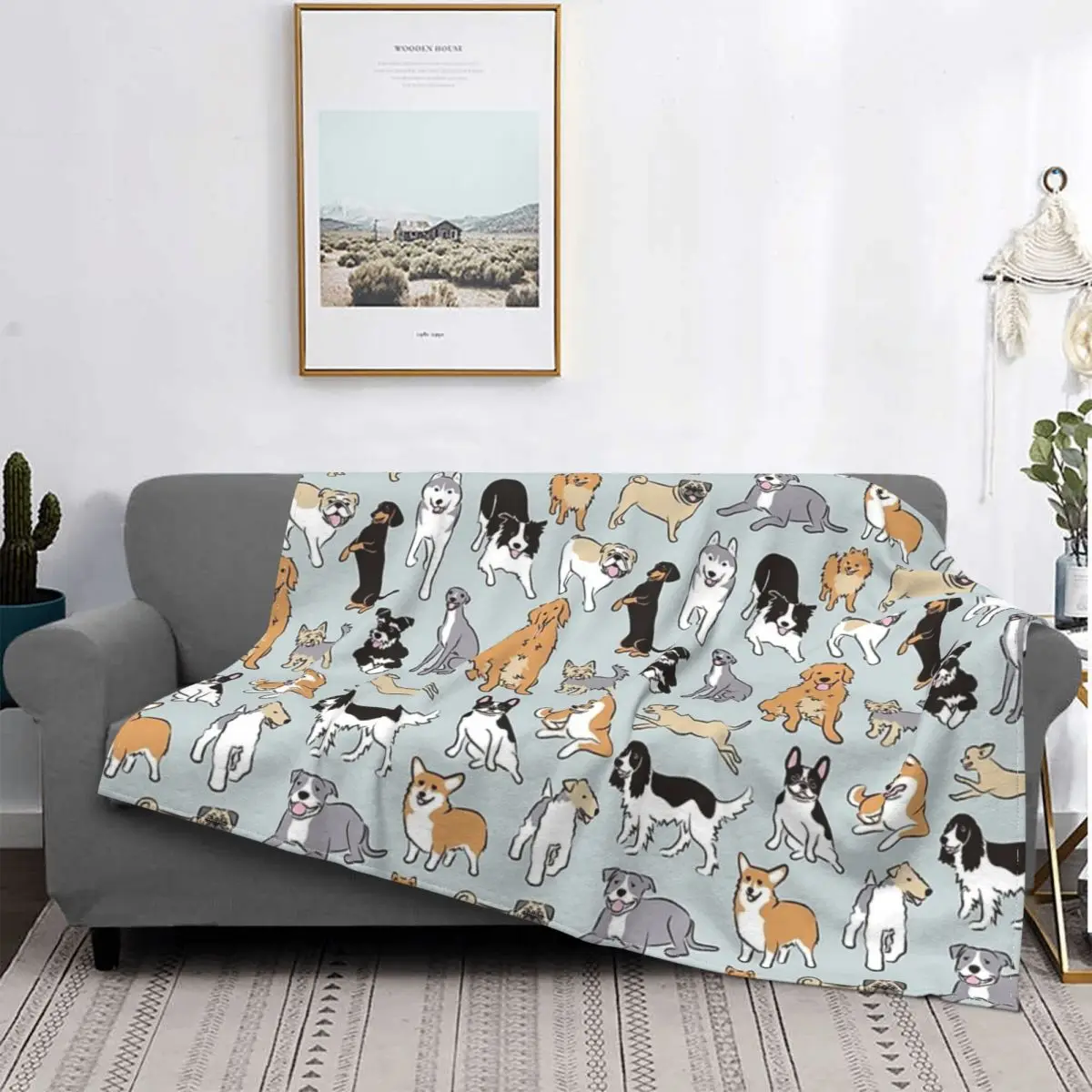 

Сине-серое Клетчатое одеяло Happy Dogs для дивана, кровати, декоративное одеяло, уличное одеяло для кемпинга, покрывало для дивана, плед для пикника